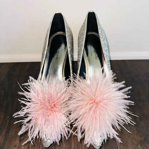 Kate Spade Marabou glitter heels 9 NEW - Picture 2 of 7